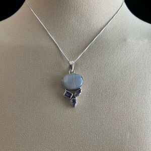 Blue Lace Agate, Amethyst & 925 Silver Pendant